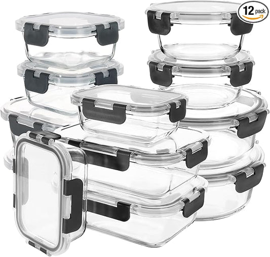 Glass Meal Prep Containers Set of 12 Food Storage Containers for Lunches, Dishwasher Safe, Grey