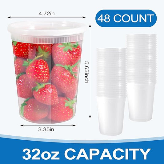 48 Sets Soup Containers with Lids,32 oz Deli Food Storage Containers,Clear Stackable Plastic Deli Container,Heavy-Duty Takeout Container,Leakproof,Microwave Freezer Dishwasher Safe