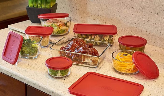 Pyrex (3) 7210 3-Cup Glass Food Storage Dishes & (3) 7210-PC Red Plastic Food Storage Lids
