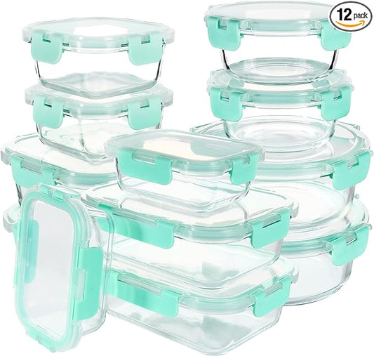 Glass Meal Prep Containers Set of 12 Food Storage Containers for Lunches, Dishwasher Safe, Mint Green