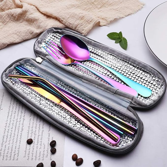 Portable Stainless Steel Flatware Set, Travel Camping Cutlery Set, Portable Utensil Travel Silverware Dinnerware Set with a Waterproof Case (Rainbow)