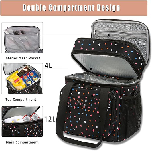 GLENKEY Expandable Insulated Lunch Box, Double Deck Lightweight Large Lunch Bag Tote Leakproof Cooler Bags for Women Adults Work Outdoor Picnic Daytrip, Polka Dots, 16L