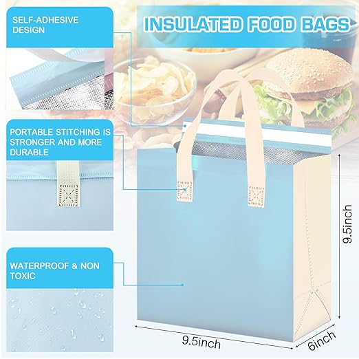 Kacctyen 100 Pcs Insulated Take Out Bags Bulk 9.5 x 6 x 9.5 in Thermal Insulation Food Bag for Coffee, Milk Tea, Hot Cold Food, Delivery Cooler Bag for Catering Restaurant Grocery Picnic (Light Blue)