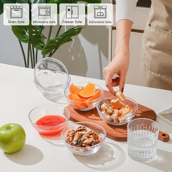 NUTRIUPS 4.5inch Small Glass Bowls Set of 6, Tempered Glass Prep Bowl, Mini Bowls for Kitchen Microwave, Dishwasher and Oven Safe
