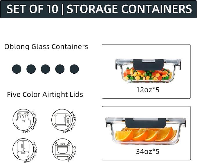 YANGNAY 10 Pack Glass Food Storage Containers, Glass Meal Prep Containers with Airtight Lids, Dishwasher/Freezer Safe Glass Containers, 2 size