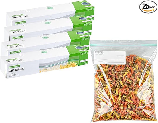 Restaurantware Bag Tek 2 Gallon Storage Zip Bags 25 Disposable Zipper Pouch Bags - Double Zipper Greaseproof Clear Plastic Zip Bags With Write-On-Label For Food Organization And Storage