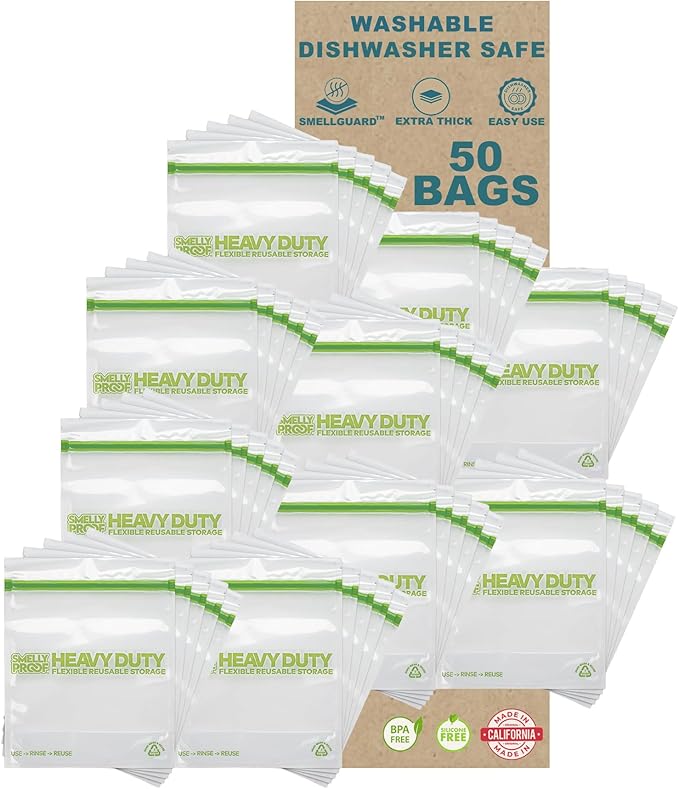 Smelly Proof BULK VALUE, 50-Pack HEAVY DUTY 5-mil Reusable Bags, Ziplock Stand-Up, Expandable, Dishwasher-Safe, Triple Zip, Odor-Proof, Durable Poly Nylon (Non-Silicone) US-Made 8.5" x 10" Quart 50pk