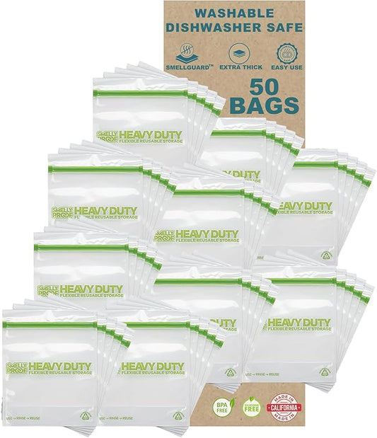 Smelly Proof BULK VALUE, 50-Pack HEAVY DUTY 5-mil Reusable Bags, Ziplock Stand-Up, Expandable, Dishwasher-Safe, Triple Zip, Odor-Proof, Durable Poly Nylon (Non-Silicone) US-Made 8.5" x 10" Quart 50pk