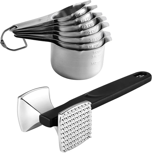 Spring Chef Stainless Steel Measuring Cups, Set of 7 & Heavy Duty Meat Tenderizer, Black - 2 Product Bundle
