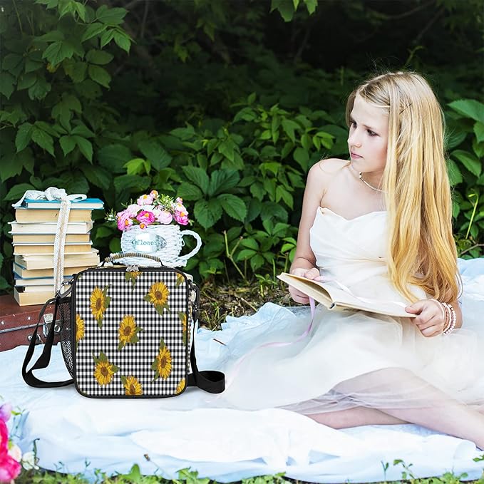 Sunflower Check Kids Lunch Box Cute Insulated Lunch Bag Tote for Girls Boys Black Buffalo Plaid Cooler Freezable Meal Prep Bag with Shoulder Strap Waterproof Lunch Container for School Office Picnic