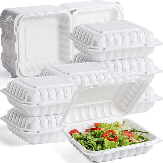 YANGRUI To Go Containers, Reusable 100 Pack Large Capacity 9 Inch 41 OZ Shrink Wrap MFPP Meal Prep Container BPA Free Microwave Freezer Safe Plastic Clamshell Food Plates