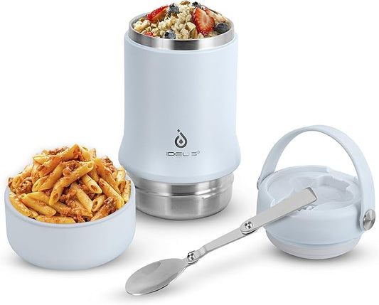 Ideus 20 oz Insulated Soup Thermo with Foldable Spolk and Bowl, All-in-one Stainless Steel Vacuum Thermal Food Jar for Lunch, Leakproof Bento Lunchbox Portable Soup Container (Light Blue)