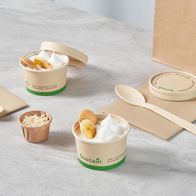 Restaurantware-Sustain 3 Ounce Paper Soup Containers, 50 Disposable Ice Cream Cups - Lids Sold Separately, With PLA lining, Bamboo To Go Hot Soup Bowls, Compostable, Greaseproof