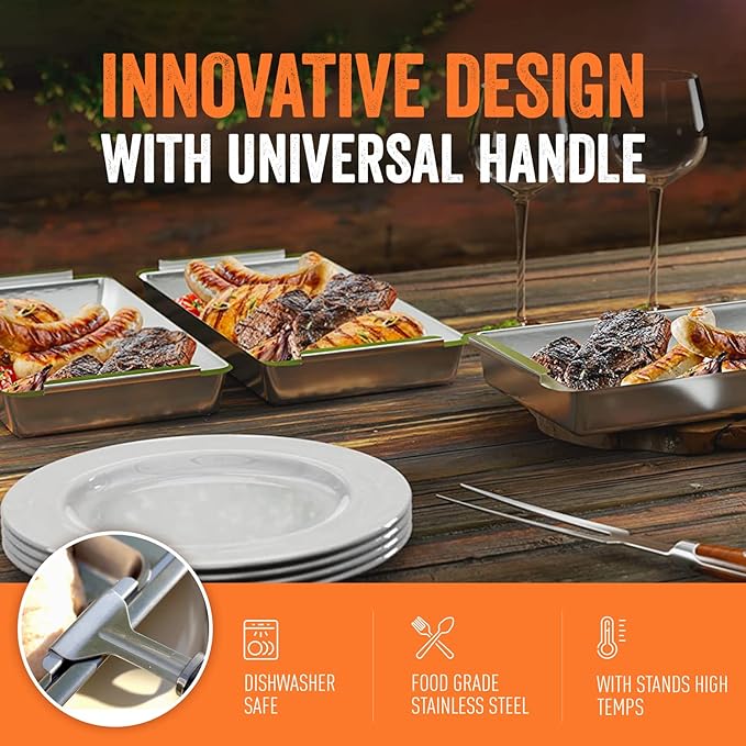 Yukon Glory™ BBQ 'N SERVE Grill Basket Set - Includes 3 Grilling Baskets a Serving Tray & Clip-on Handle - "Patented Grill-to-Table Design" Perfect For Grilling Fish Veggies & Meats