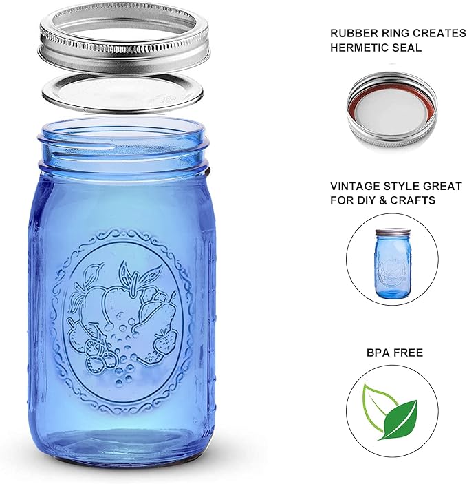 eleganttime Blue Wide Mouth Mason Jars 32 oz,6 Pack Colored Quart Glass Canning Jars with Airtight Lids for Canning,Pickling,Storage,DIY Crafts & Décor