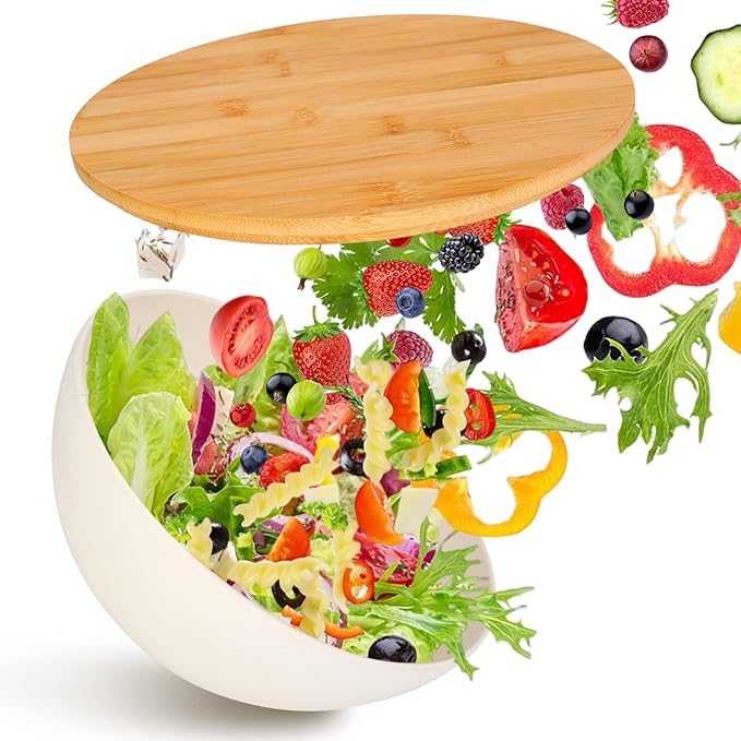 ShineMe Salad Bowl with Lid, Natural Bamboo Fiber Serving Bowls Set of 3 with Bamboo Wood Lids, Beige Mixing Bowls Set for Preparing, Storing and Serving Salad Fruit Chips Bread(10",8",6")