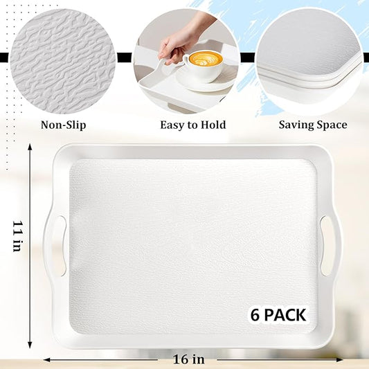6 Pcs Serving Trays with Handles Trays for Eating 16 x 11 Inch Multi Purpose Plastic Tray Rectangular Anti Skid Decorative Food Tray for Restaurant Breakfast Countertop Party Kitchen (White)