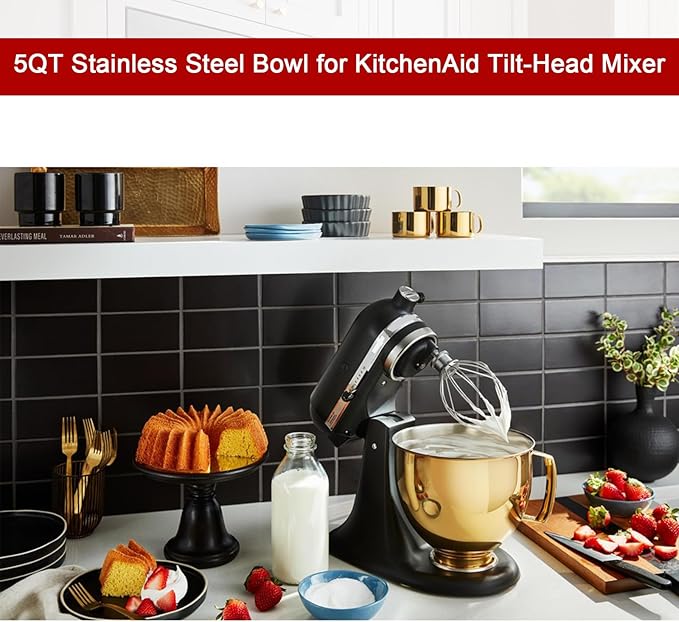 5 QT Stainless Steel Mixer Bowl Compatible with KitchenAid Artisan&Classic Series 4.5-5QT Tilt-Head Mixers K45 KSM70 KSM150 etc. Replacment for KitchenAid Mixer Bowl(Heavy Duty Radiant Gold)