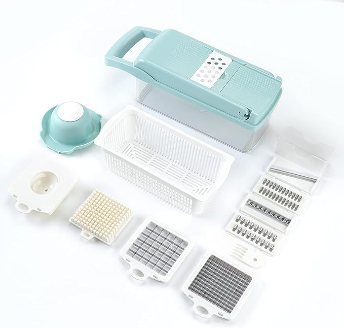 KEOUKE Vegetable Chopper 12in1 Veggie Chopper Slicer Cutter Food Dicer with Container Hand Guard Draining Basket, Blue