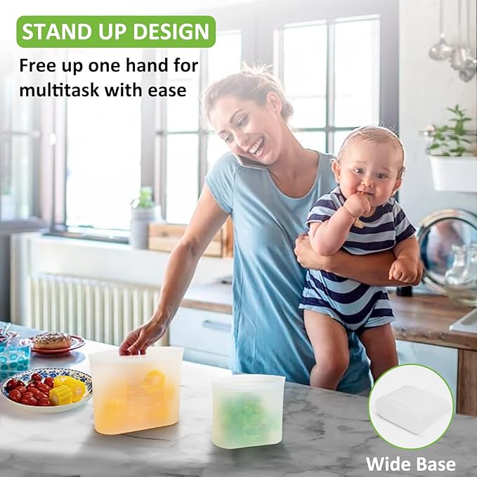 Reusable Sandwich & Snack Bags, 8 Pack 100% Silicone Stand Up Zip Lock Food Storage Bags for Food Container, Freezer Microwave Oven Dishwasher Safe, 4 Medium 4 Small, Translucent