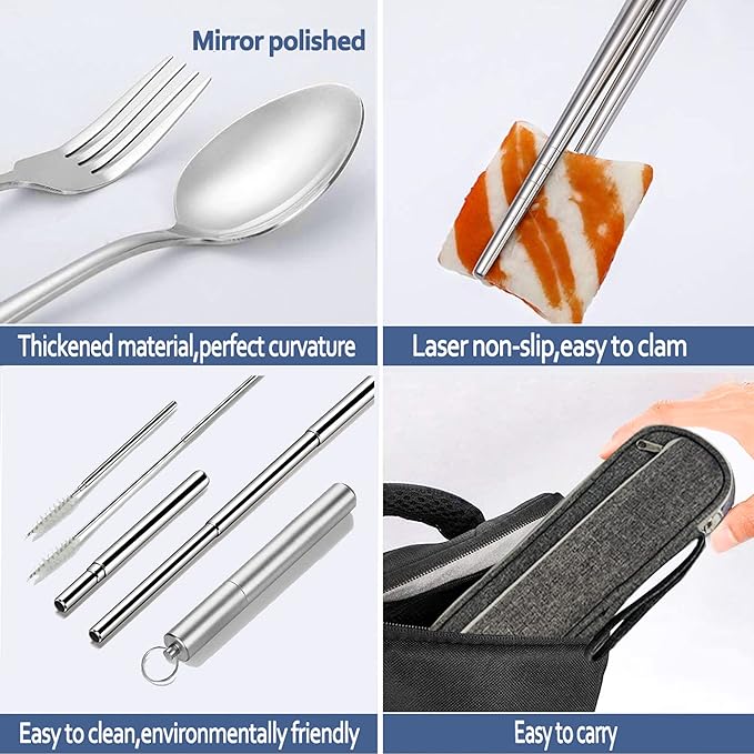 Portable Reusable Utensils Silverware With Case, Travel Camping Cutlery Set, Chopsticks and Straw Flatware, Stainless Steel Utensil Set Silver