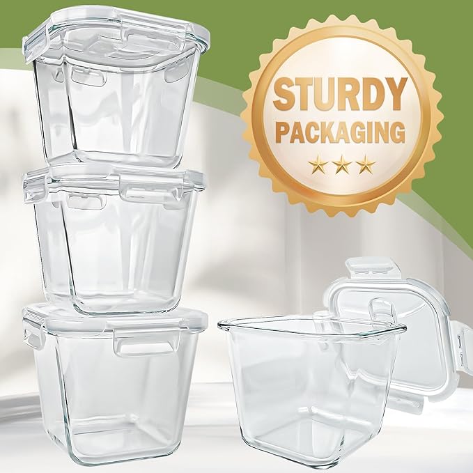 Glass Soup Containers with Lids 32 oz, 4 Cup Borosilicate Glass Food Storage Containers, Microwave & Freezer Safe Jars, Small Square Meal Prep Bowl for Salad, Fruit, Lunch, Ice Cream, Travel, 4 Pack