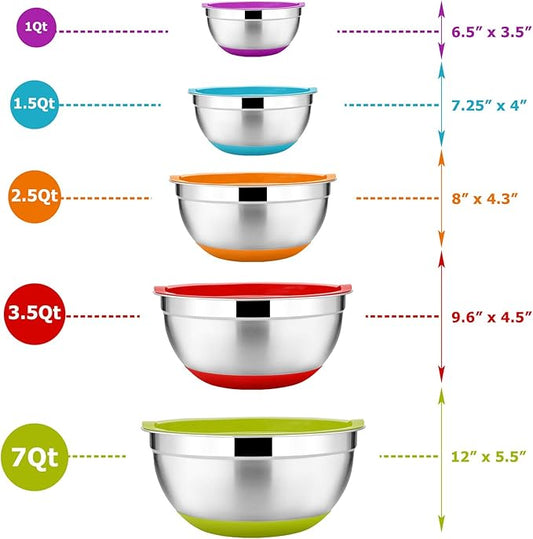 22-Piece Mixing Bowls with Lids & Accessories Set, E-far Stainless Steel Nesting Bowls with Colorful Covers & Non-Slip Bottoms, Metal Bowls for Cooking/Baking/Serving/Storage - Size 7/3.5/2.5/1.5/1 QT