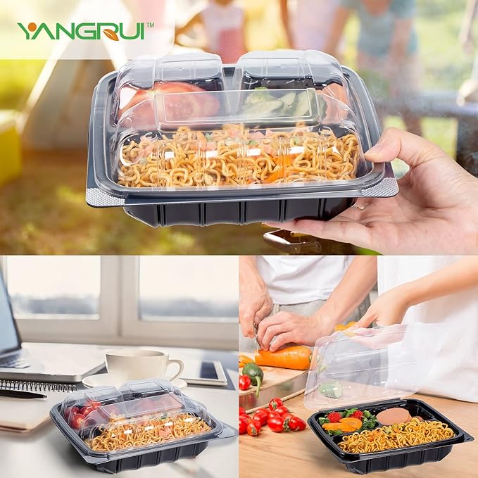 YANGRUI To Go Containers, Reusable Anti-Fog Leak Proof Shrink Wrap 25 Pack 34 oz 8 Inch 3 Compartment Clamshell Take Out Container BPA Free Pure PP Meterial Microwave Freezer Safe Meal Prep Boxes