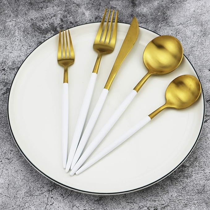 20-Piece 18/10 Stainless Steel Flatware Silverware, Luxury Dinnerware Set Travel Cutlery Tableware Include Knife Fork Spoon Service for 4, Dishwasher Safe (White Handle Matte Gold)