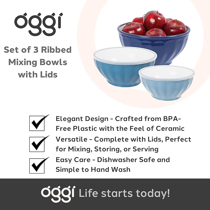 Oggi Set of 3 Ribbed Mixing Bowls with Lids - Nested Plastic Bowls for Kitchen, Durable Mixing Bowls Set, BPA-Free Plastic Bowls with Lids - 1.6, 2.6, 3.7 Qt