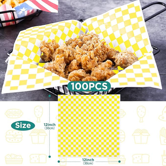 GeeRic Waxed Deli Paper Sheets 12 * 12 Inch, 100 Pcs Food Basket Liners for Sandwiches, Burgers, Checkered Deli Wrap Wax Paper Sheets Yellow