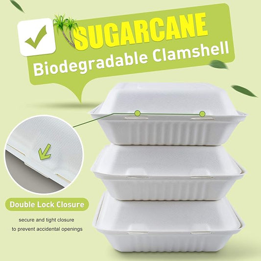 Green Earth 9-Inch, 200-Count, 1-Compartment, Compostable Clamshell, Natural Bagasse (Sugarcane Fiber), Take-Out/to-Go Food Boxes - Biodegradable Containers, Hinged Lid Microwave-Safe Gluten-Free