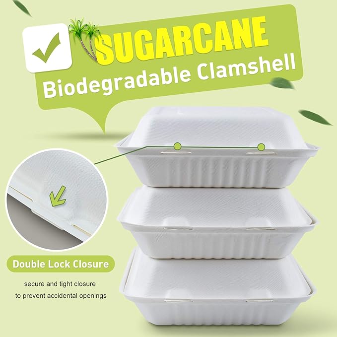 Green Earth 9-Inch, 100-Count, 1-Compartment, Compostable Clamshell, Natural Bagasse, Take-Out/to-Go Food Boxes - Biodegradable Containers