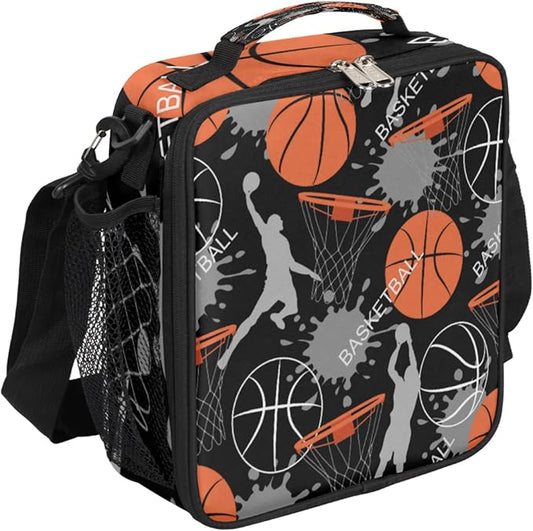 Basketball Kids Lunch Box Basketball Sport Insulated Lunch Bag Tote for Girls Boys, Cooler Freezable Meal Prep Bag with Shoulder Strap Waterproof Lunch Container for School Office Picnic
