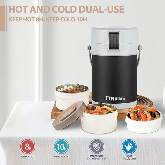 67oz Thermo for Hot Food, 3 Tier Stainless Steel Leak Proof Stackable Thermo Food Jar, lunch box Containers With Folding Spoon For Office Picnic Travel Outdoors (Matte Black)