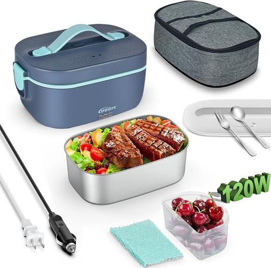 120W 12V/24V/110V/220V Electric Lunch Box for Adults | 1.8L+0.45L Dual-Lid Hot Lunch Box For Adults, with Spoon, Fork & Insulated Bag