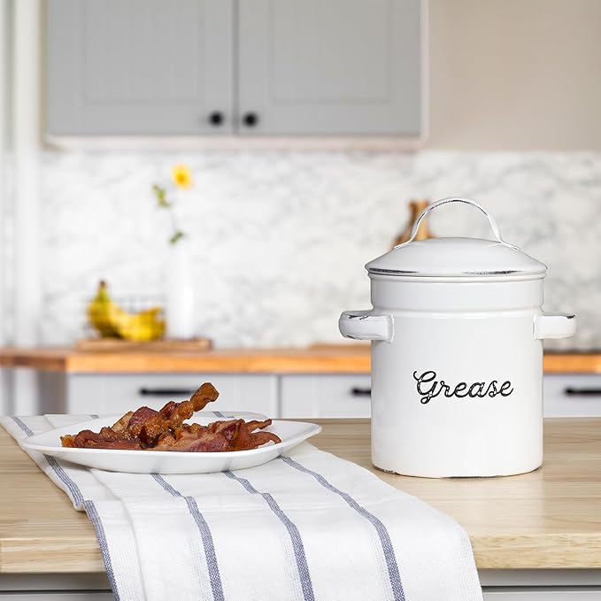 AuldHome Design Enamelware Grease Container w/ Strainer, Farmhouse Style Kitchen StorageTin, Labeled "Grease"
