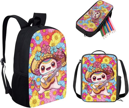Dolyues Colorful Flower Axolotl Girls' Cute Backpack Set with Insulated Lunch Box & Pencil Case - Perfect for Kindergarten, Elementary & Middle School