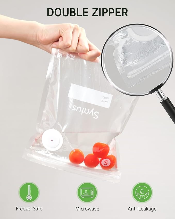[2025 Upgraded] Syntus Vacuum Sealer Bags for Food, 60 Pcs (S+M+L) 8" x 10" and 10" x 13.8" and 11.8" x 13.8" Food Storage Bags for Sous Vide Cooking Microwave Heating, Air Valve Zipper Bags