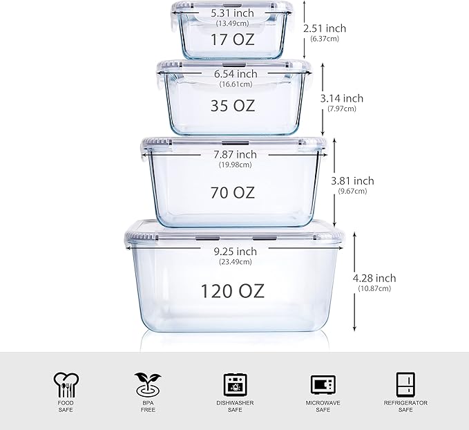 Extra Large Glass Storage Containers with Lids, Set-8-Piece Lunch Containers, Ideal for Storing Food, Vegetables, Fruits, Baking Cake & lot of other Tasty Food (Square)