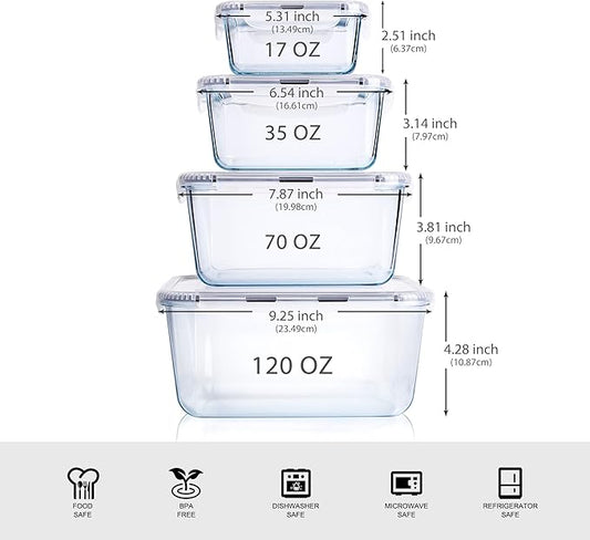 Extra Large Glass Storage Containers with Lids, Set-8-Piece Lunch Containers, Ideal for Storing Food, Vegetables, Fruits, Baking Cake & lot of other Tasty Food (Square)