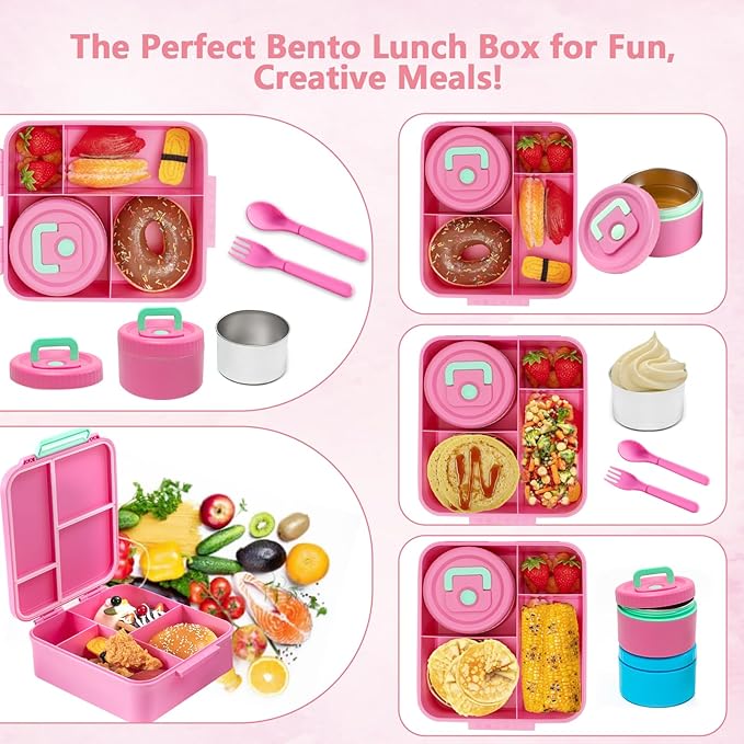Bento Lunch Box for Kids with 8.5oz Soup Thermo, Kids Leakproof Lunch Food Containers with 4 Compartment, Pink Nylon Insulated Lunch Bag Adjustable Strap for Girl Teens School Travel Picnic