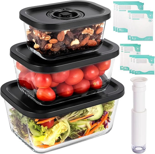 Premium 3‑Piece Borosilicate Glass Vacuum Food Storage Set – 3 Sizes (Small, Medium & Large), Hand Vacuum Pump & 10 Reusable Bags – Leakproof, Oven/Microwave/Freezer Safe, BPA‑Free