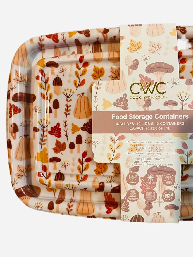 COOK WITH COLOR 20 PIECE PLASTIC RECTANGULAR FOOD CONTAINERS, 10 LIDS & 10 CONTAINERS CAPACITY 33.8 OZ (1L) 9 X 6 X 2 (MUSHROOMS)