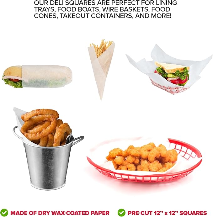 Stock Your Home 12 x 12 Grease Proof Deli Wrapper (500 Pack) - Pre Cut Natural Wax Paper Sheets - Recyclable Food Basket Liners - White Deli Papers For Sandwiches, Lining Wire Food Baskets, Food Trays