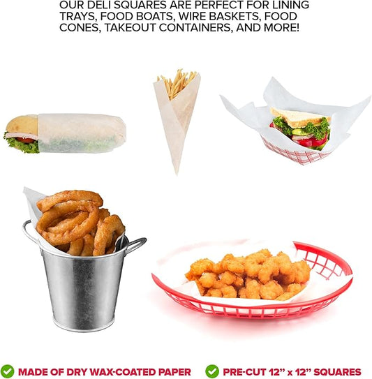 Stock Your Home 12 x 12 Grease Proof Deli Wrapper (500 Pack) - Pre Cut Natural Wax Paper Sheets - Recyclable Food Basket Liners - White Deli Papers For Sandwiches, Lining Wire Food Baskets, Food Trays