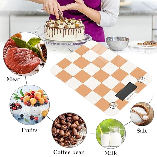 Food Scale Kitchen Scale for Baking Cooking Digital Food Weighing Measuring Scale Small Waterproof Electric Food Scale Checkered Orange and White