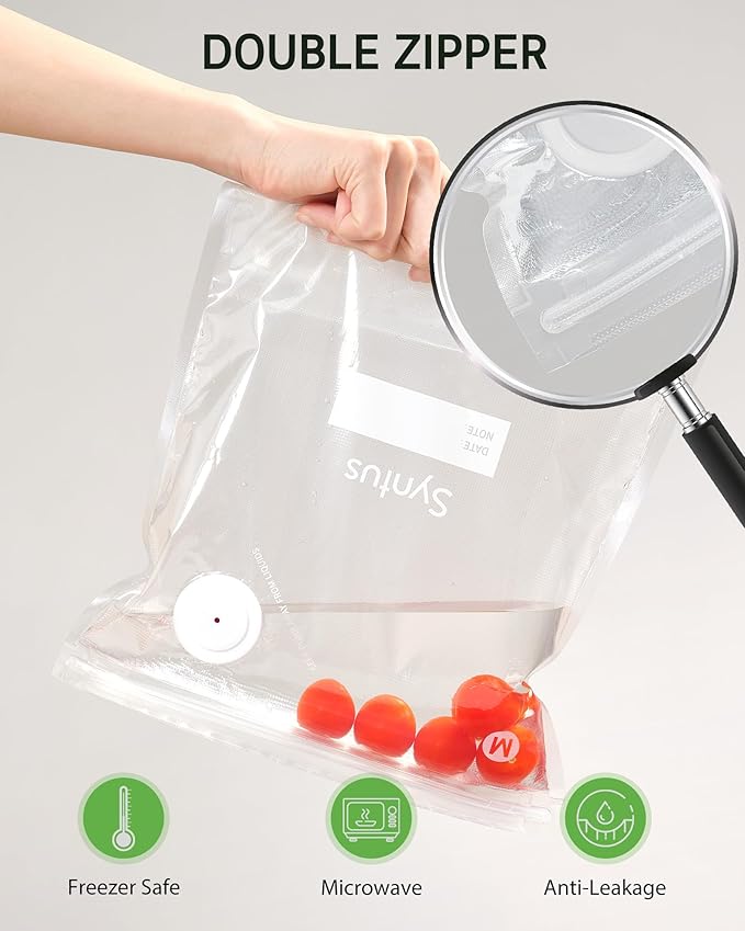 [2025 Upgraded] Syntus Vacuum Sealer Bags for Food, 10 Pcs Medium Size 10" x 13.8" Food Storage Bags for Sous Vide Cooking Microwave Heating, Air Valve Zipper Bags & Zip Clips