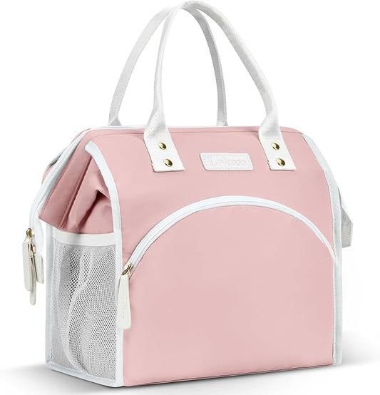 LOKASS Lunch Bag Women Insulated Lunch Box Wide-Open Lunch Tote Bag Large Waterproof Cooler Bag for Work Picnic Hiking Beach（Pink）