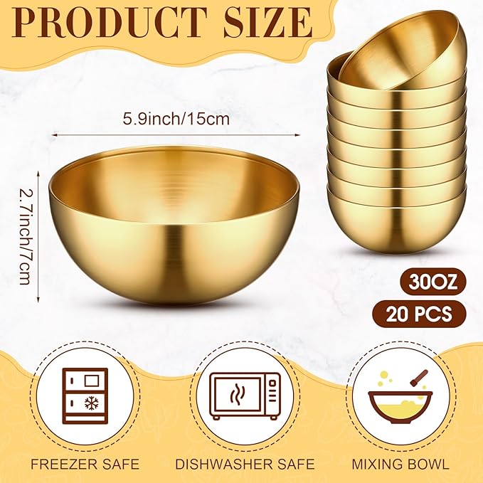 Nuogo 20 Pcs Stainless Steel Gold Mixing Bowls 30 oz Gold Esthetician Bowls for Wedding Party Facial Cereal Fruit Snack Rice Noddle Appetizer Salad Serving Cooking Baking Prepping